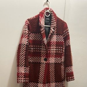 BEAUTIFUL RED/PINK/BURGUNDY PLAID WOOL BLEND COAT, SIZE MEDIUM